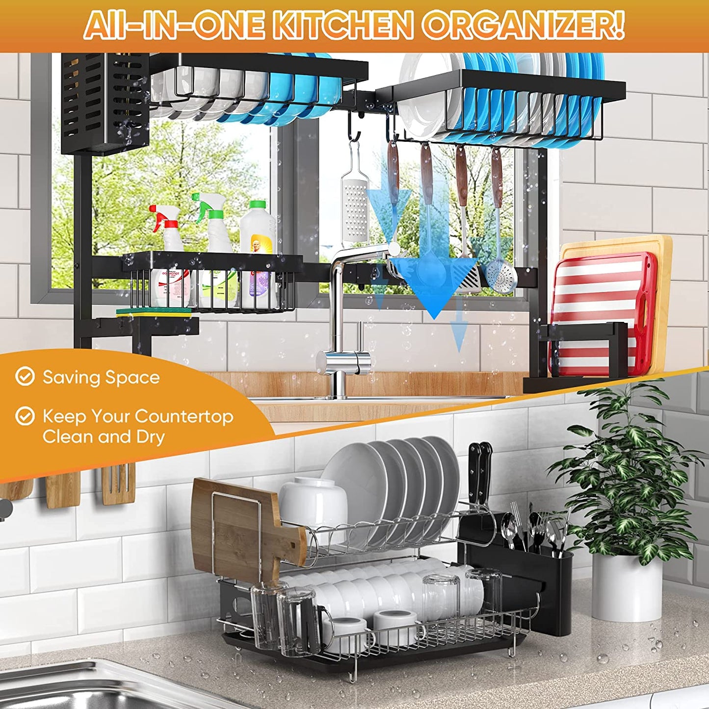 AquaFlow Adjustable Over-Sink Dish Rack – Ultimate 2-Tier Kitchen Organizer 