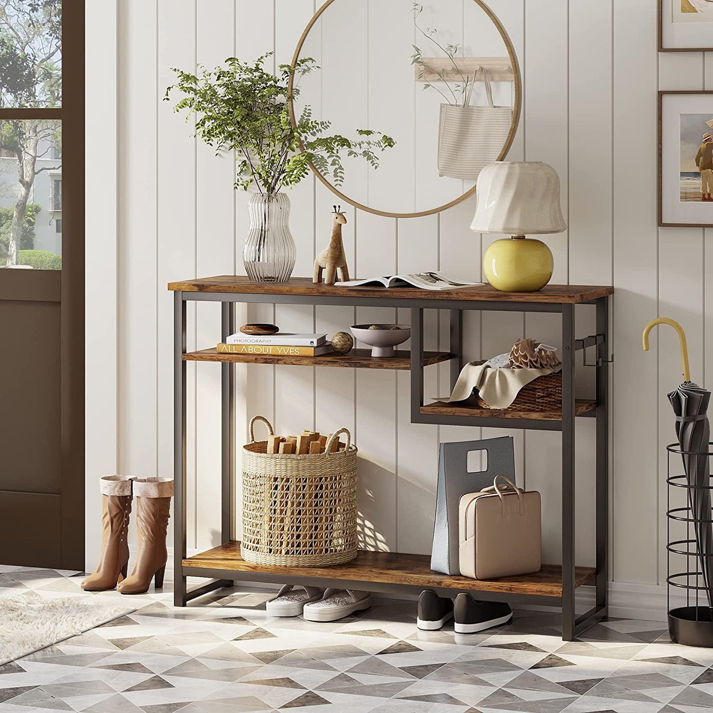 Rustic Charm Narrow Console Table – Industrial Style with 4 Shelves & 2 Hooks