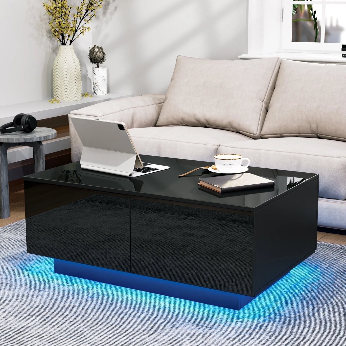 LumaGlide LED Coffee Table – Modern 4-Drawer Storage with Color-Changing Lights