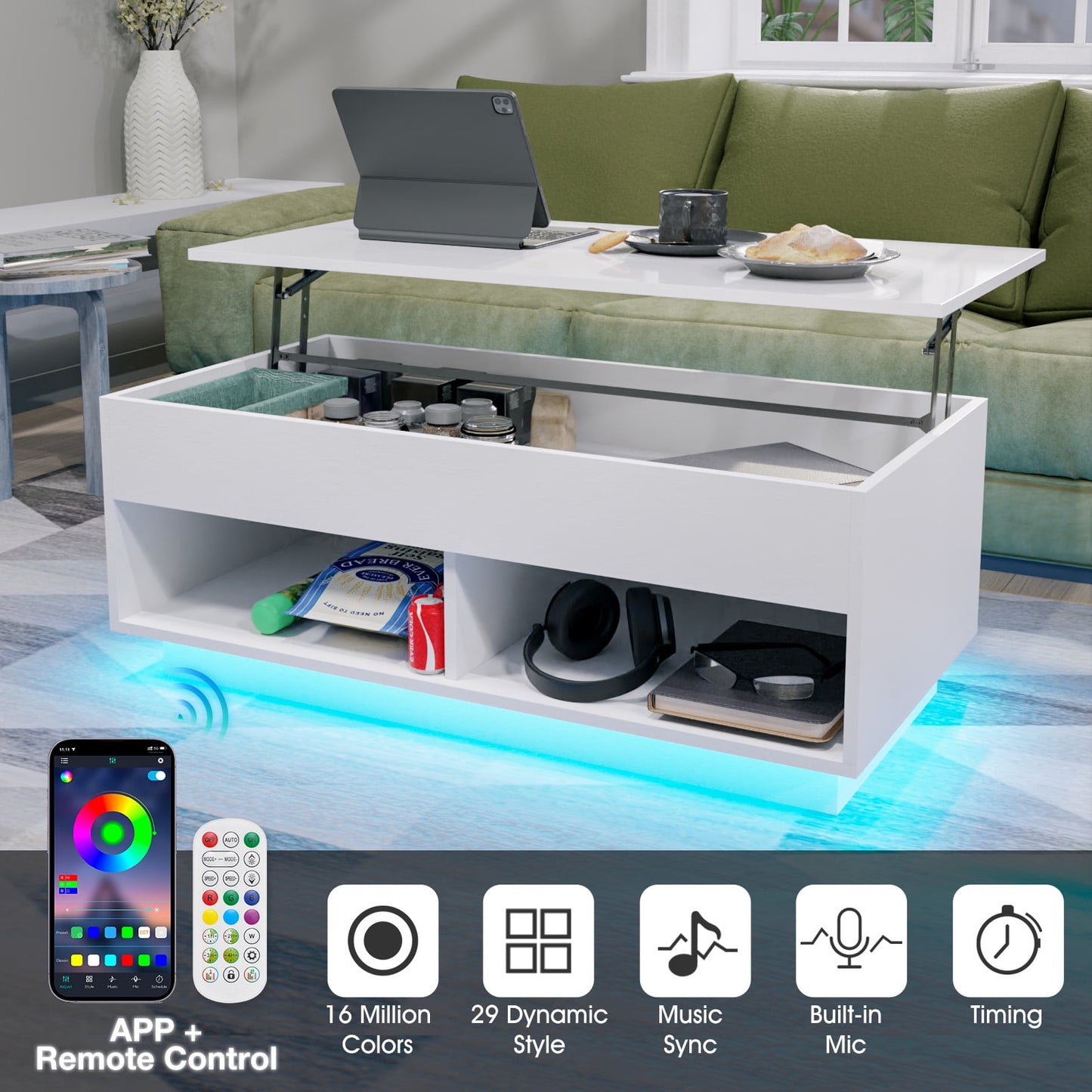 LuminaGlow Lift-Top Coffee Table – Modern LED-Enhanced Centerpiece with Hidden Storage