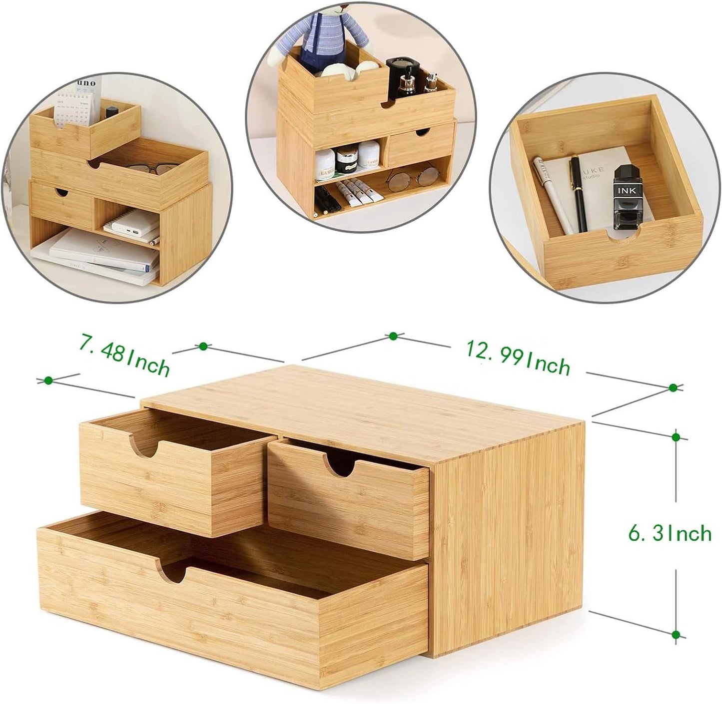 Eco-Chic Bamboo Desk Organizer – 3-Drawer Tabletop Storage Box for Office, Home or Bathroom