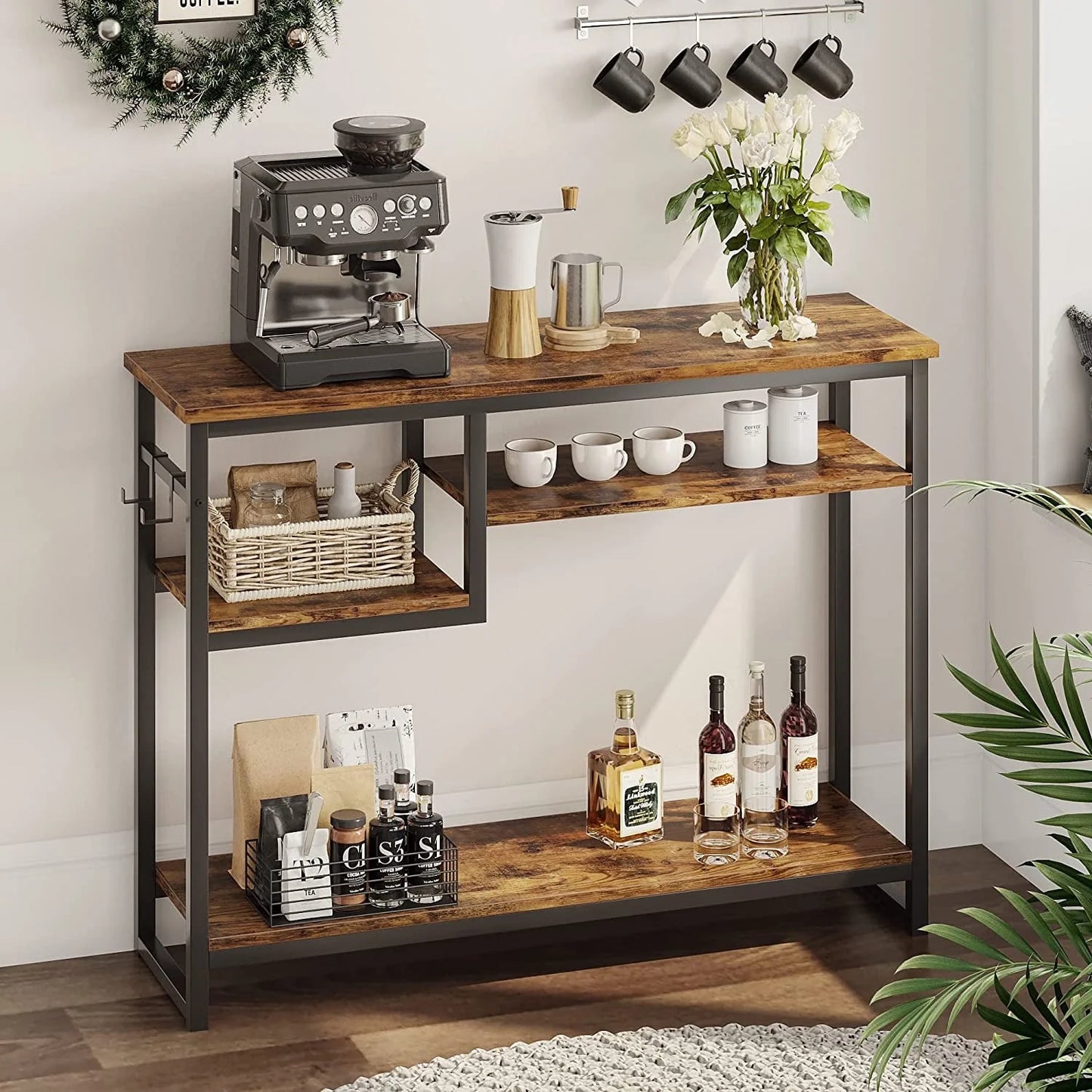 Rustic Charm Narrow Console Table – Industrial Style with 4 Shelves & 2 Hooks