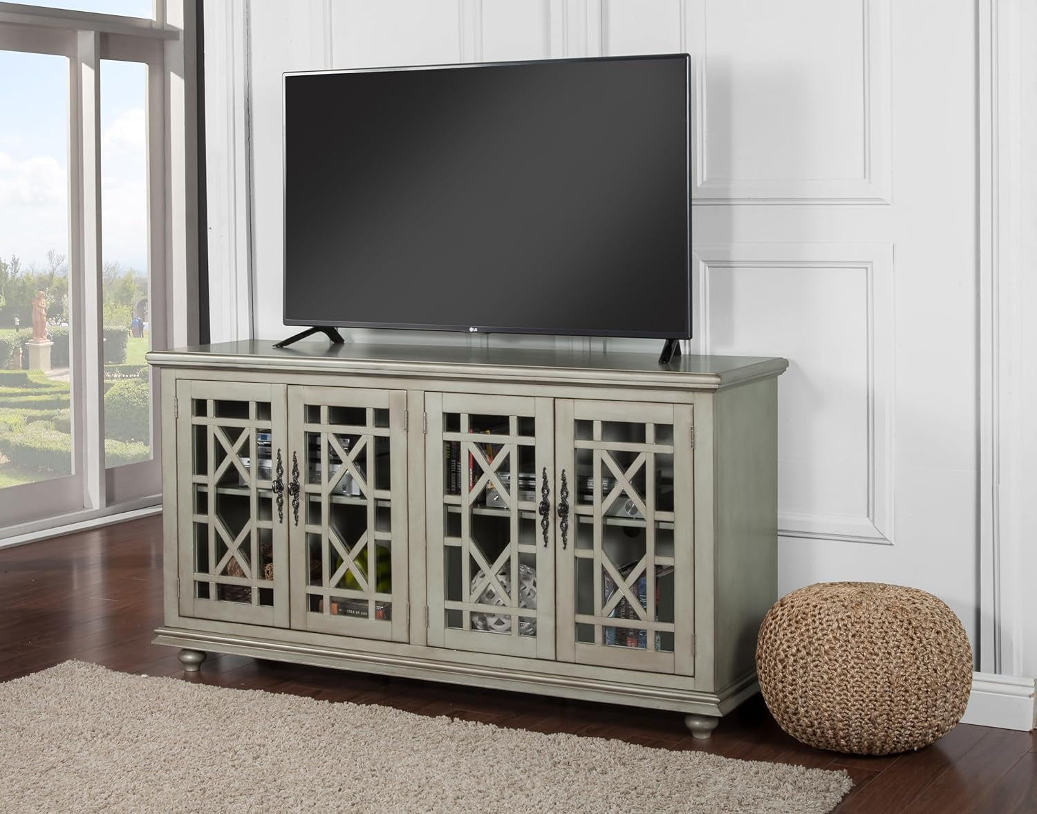 Marche Antique Silver Wood Glass Cabinet TV Stand