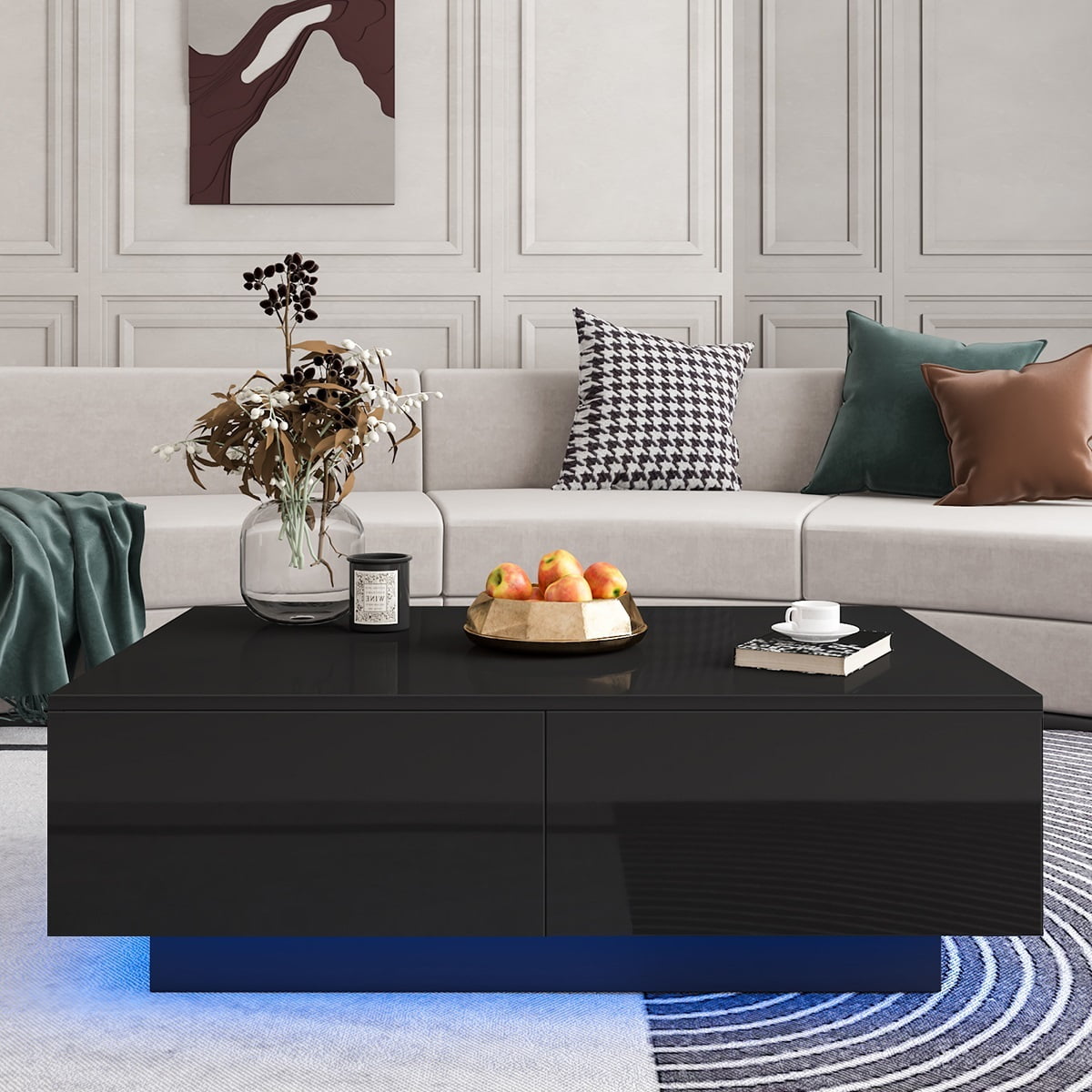 LumaGlide LED Coffee Table – Modern 4-Drawer Storage with Color-Changing Lights