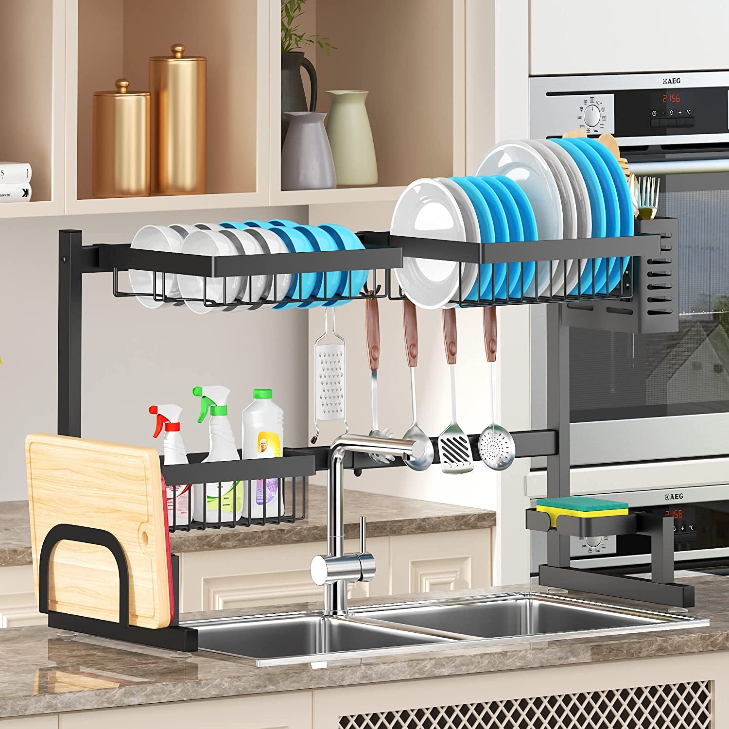 AquaFlow Adjustable Over-Sink Dish Rack – Ultimate 2-Tier Kitchen Organizer 