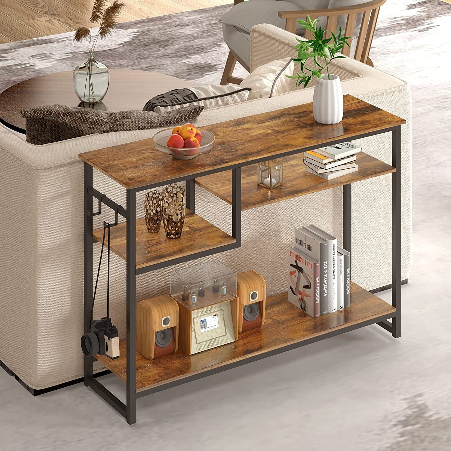 Rustic Charm Narrow Console Table – Industrial Style with 4 Shelves & 2 Hooks