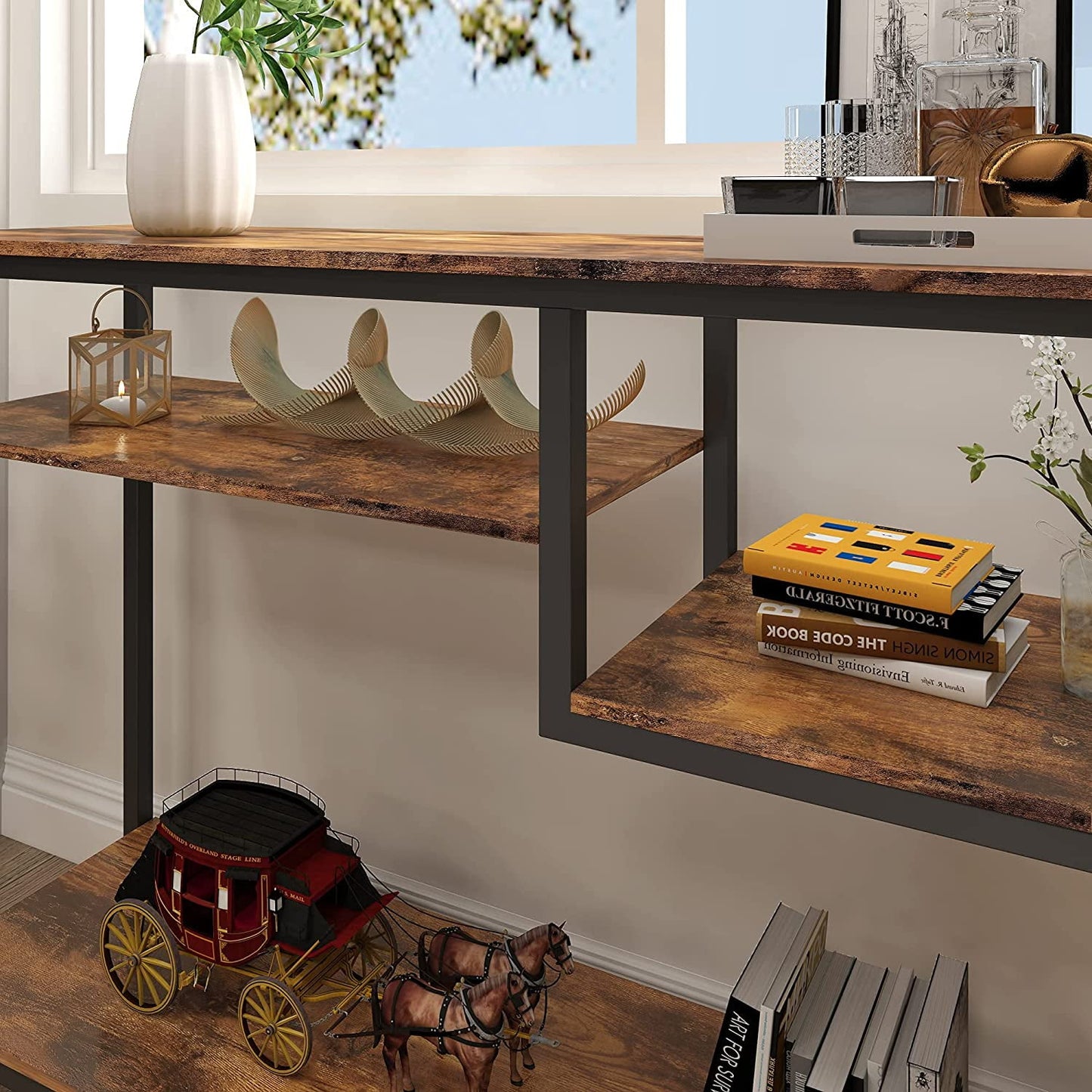 Rustic Charm Narrow Console Table – Industrial Style with 4 Shelves & 2 Hooks