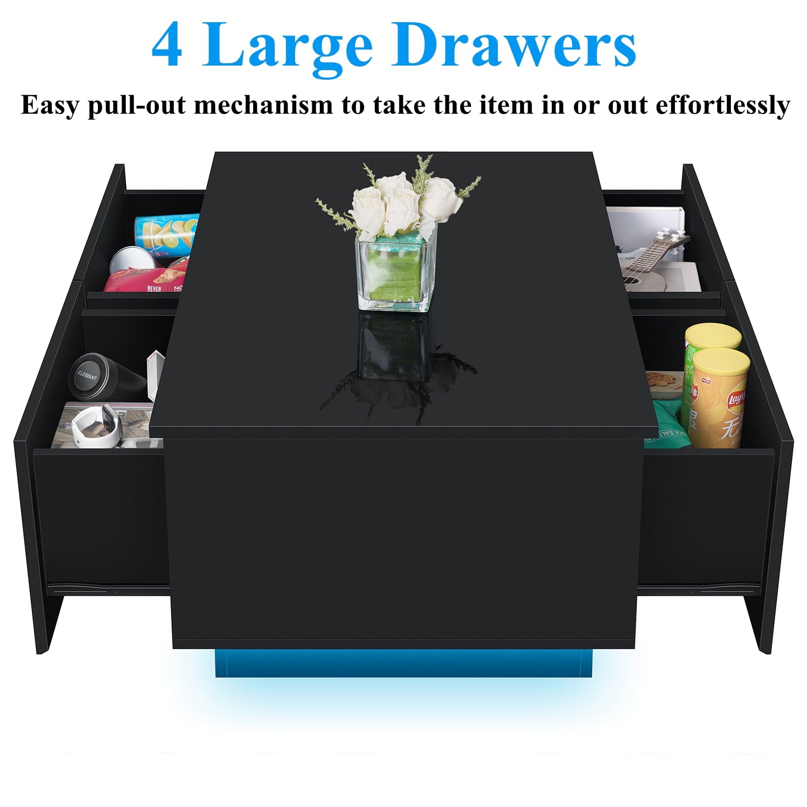 LumaGlide LED Coffee Table – Modern 4-Drawer Storage with Color-Changing Lights