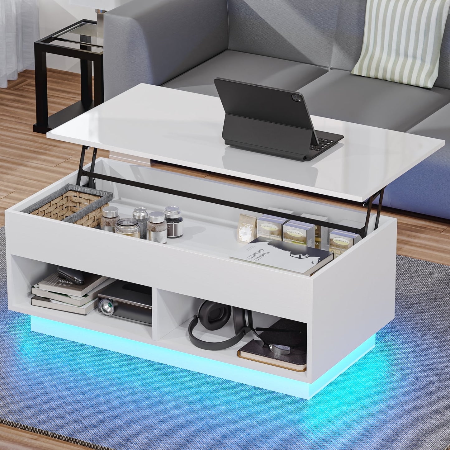 LuminaGlow Lift-Top Coffee Table – Modern LED-Enhanced Centerpiece with Hidden Storage