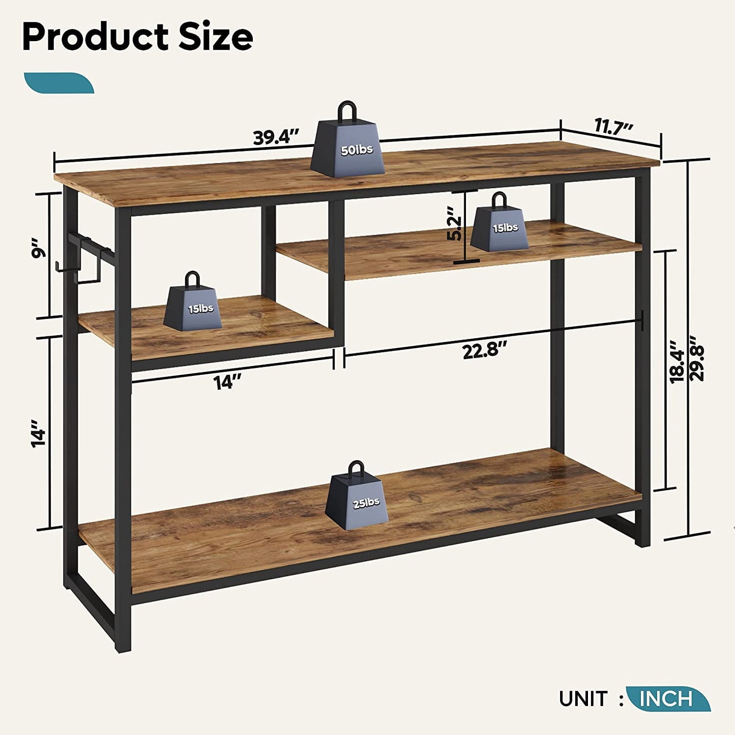 Rustic Charm Narrow Console Table – Industrial Style with 4 Shelves & 2 Hooks