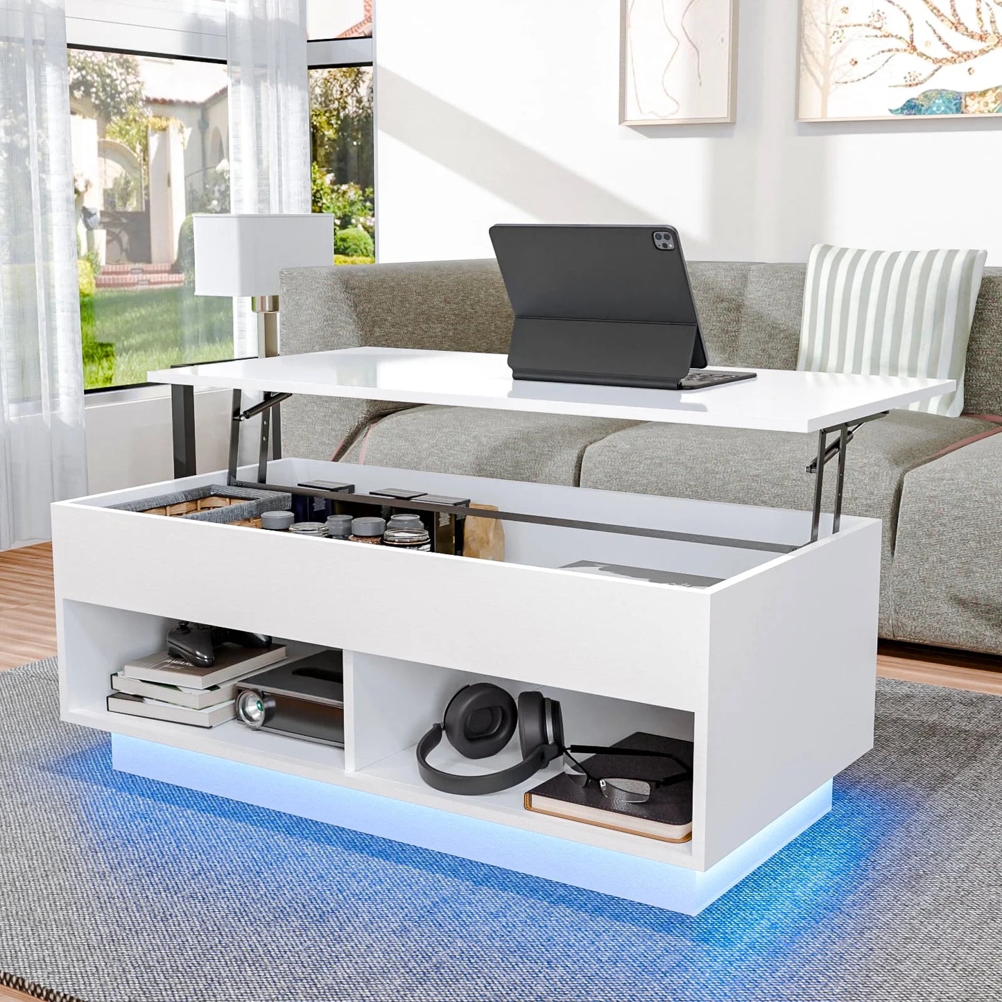 LuminaGlow Lift-Top Coffee Table – Modern LED-Enhanced Centerpiece with Hidden Storage