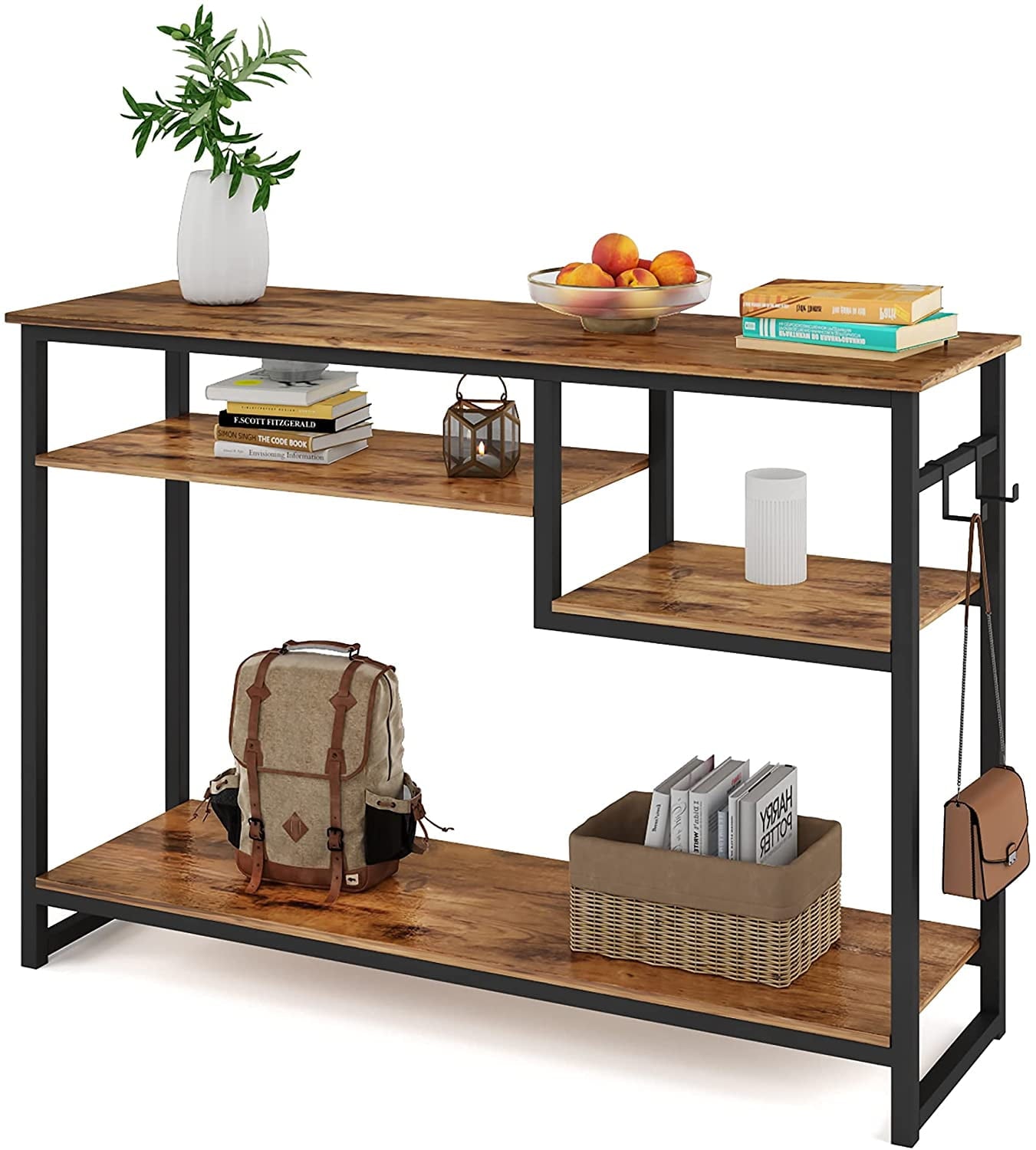 Rustic Charm Narrow Console Table – Industrial Style with 4 Shelves & 2 Hooks