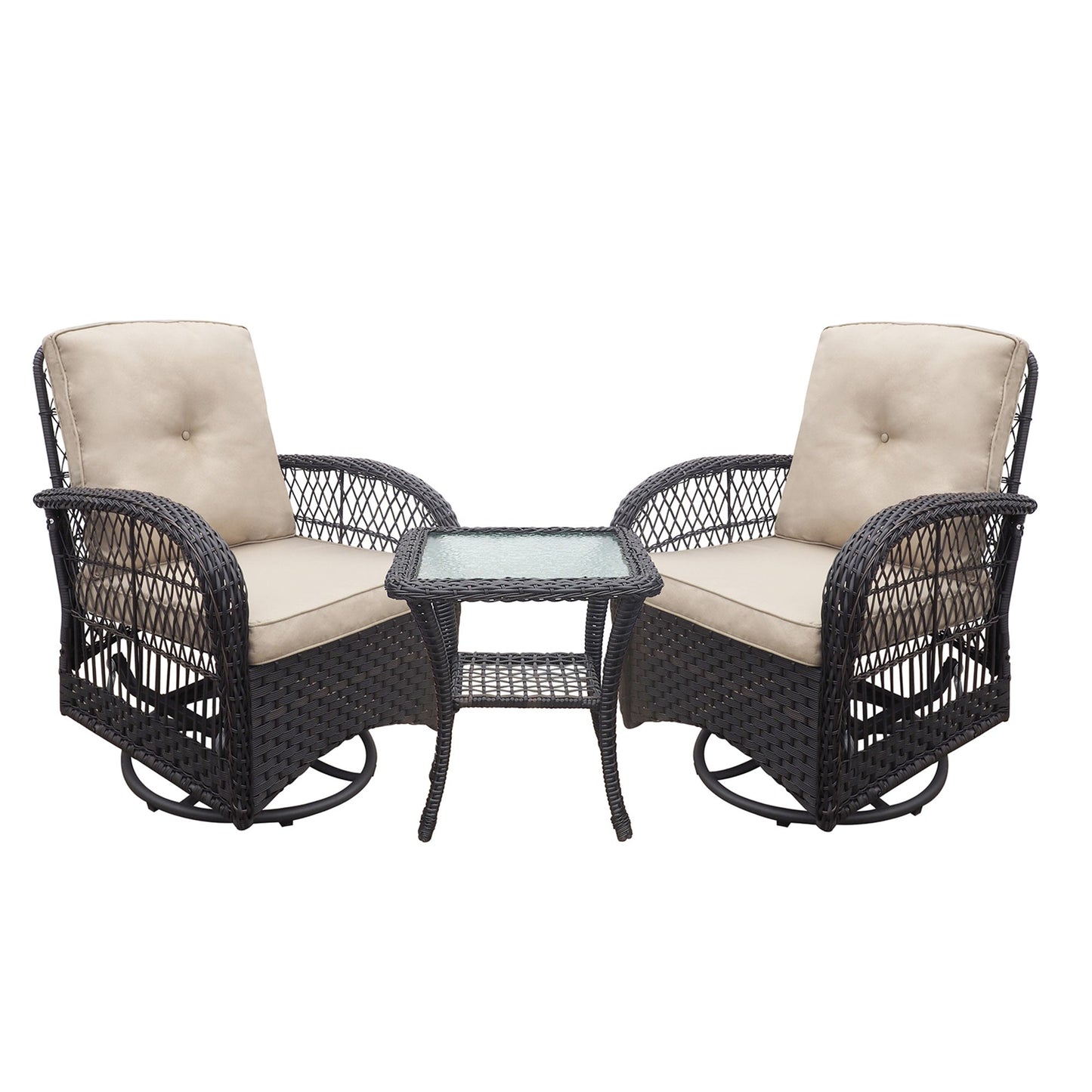 Set of Swivel Rattan Rocking Chairs for Outdoor Use with Table and Cushions