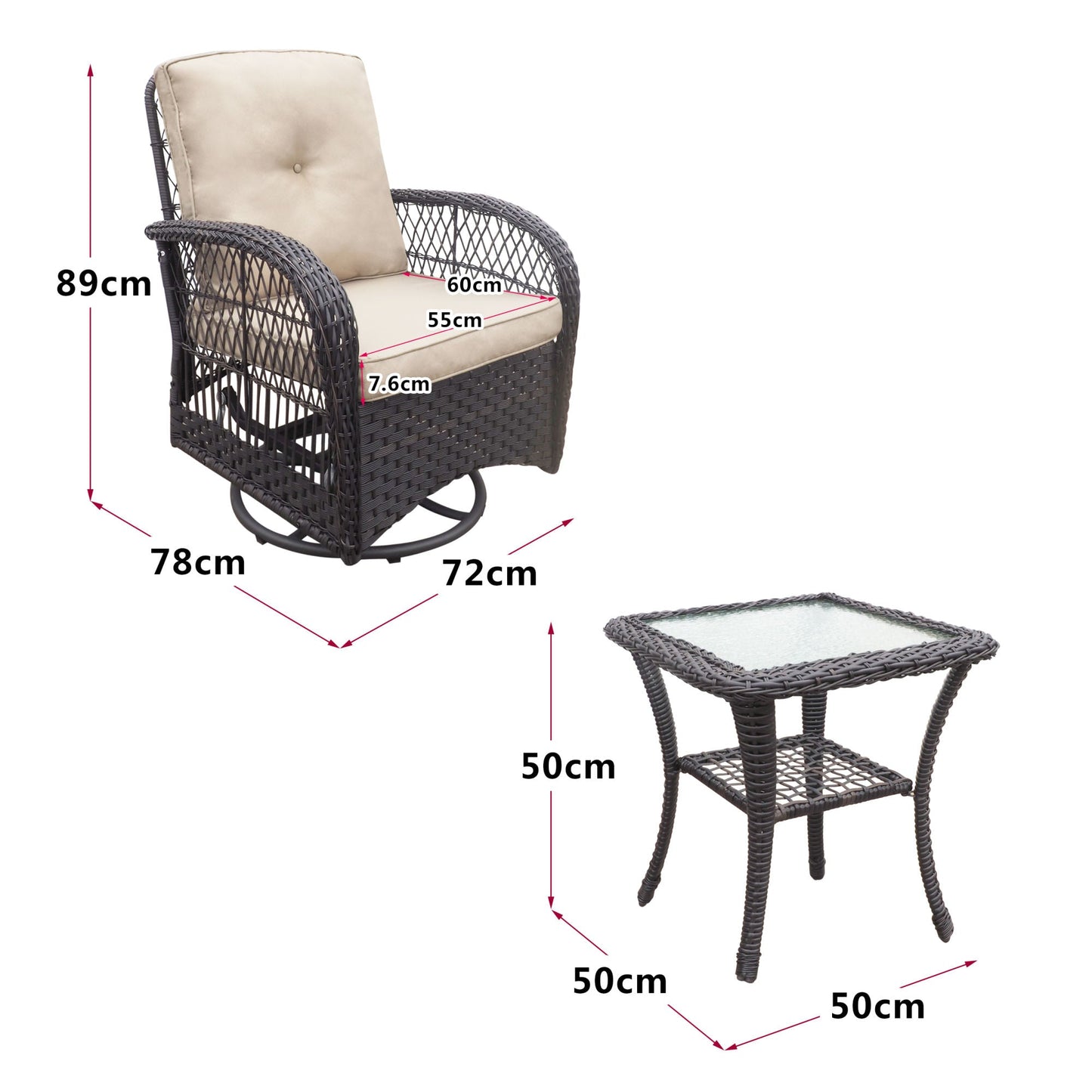 Set of Swivel Rattan Rocking Chairs for Outdoor Use with Table and Cushions