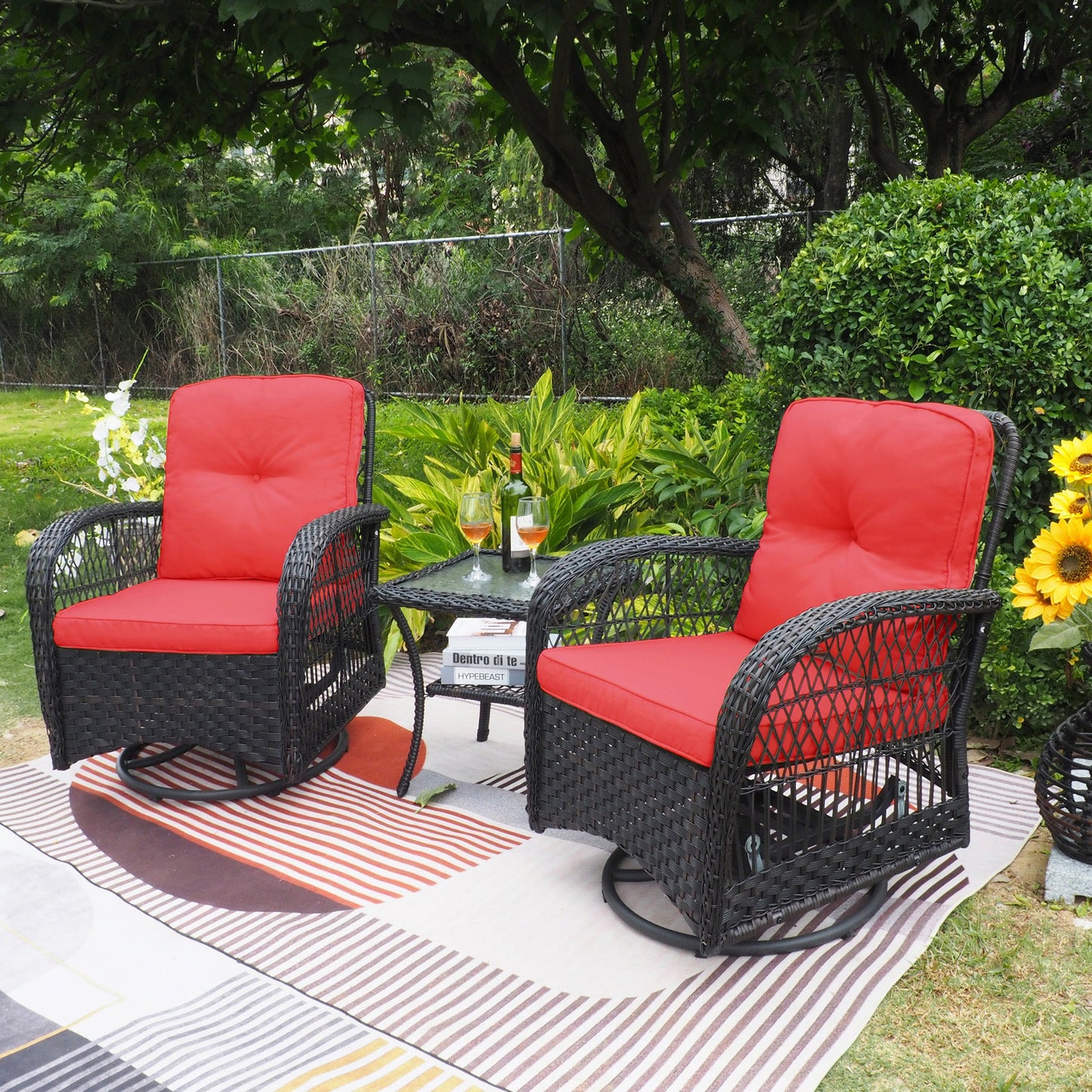 Set of Swivel Rattan Rocking Chairs for Outdoor Use with Table and Cushions