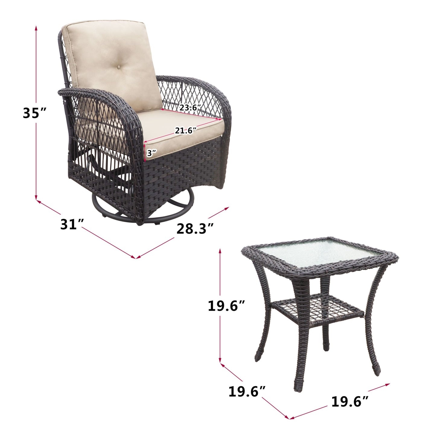 Set of Swivel Rattan Rocking Chairs for Outdoor Use with Table and Cushions