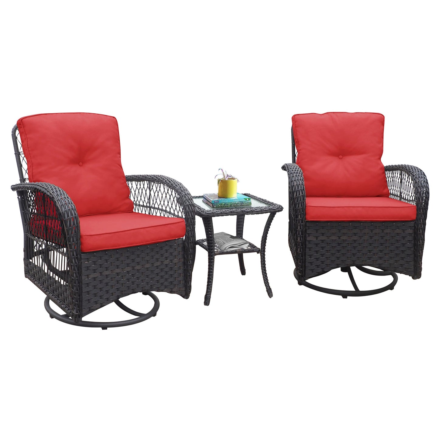 Set of Swivel Rattan Rocking Chairs for Outdoor Use with Table and Cushions