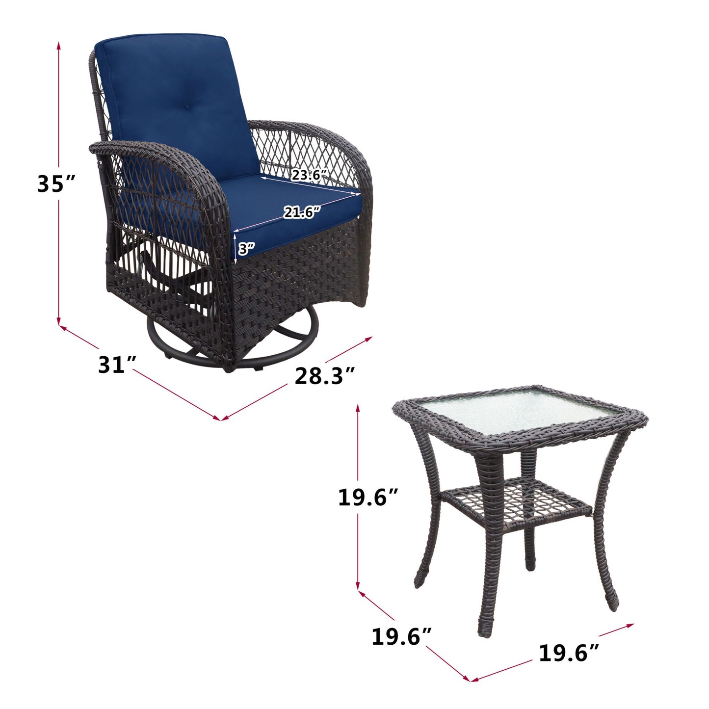 Set of Swivel Rattan Rocking Chairs for Outdoor Use with Table and Cushions