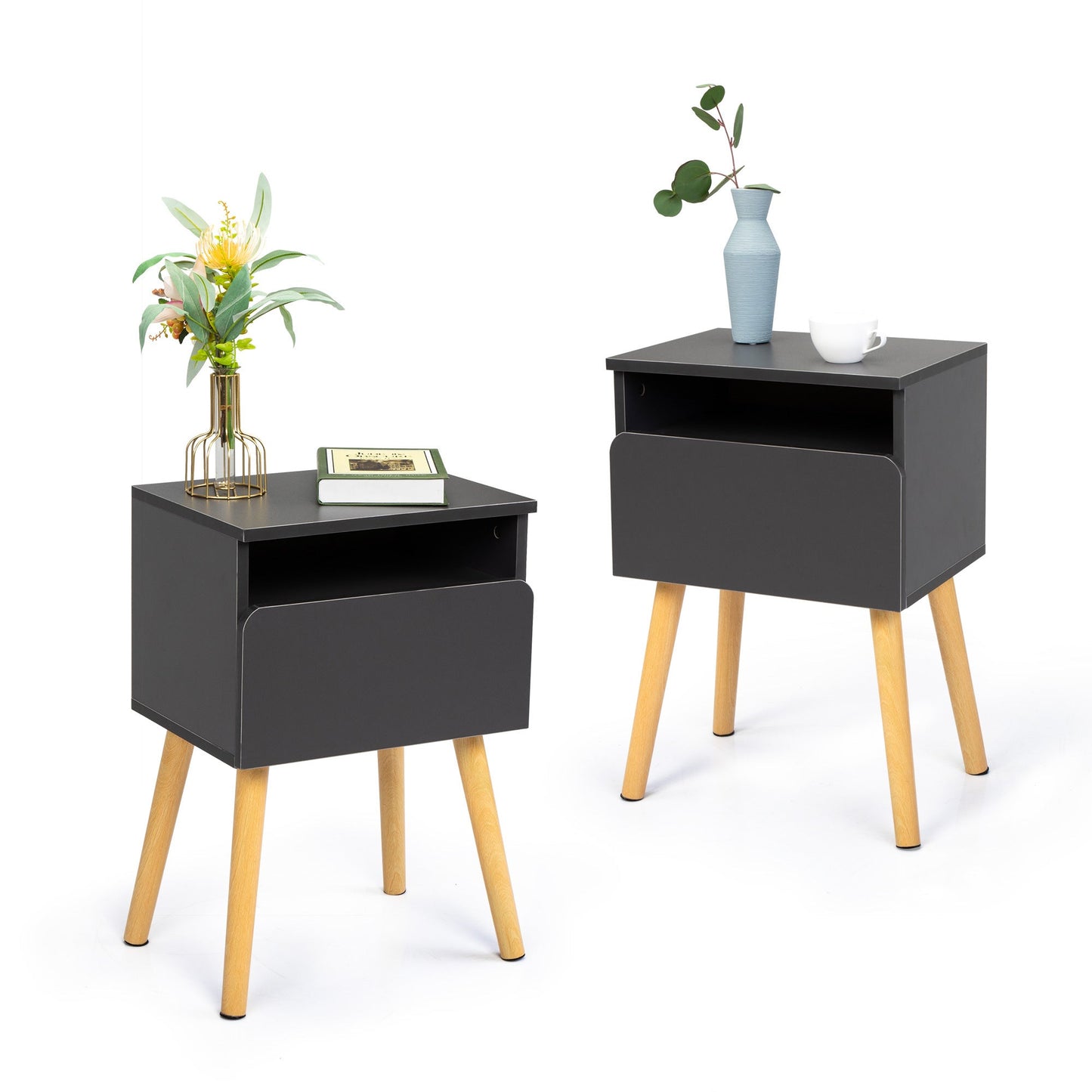 Set of 2 Modern Nightstands with Drawer & Shelf – Functional & Elegant