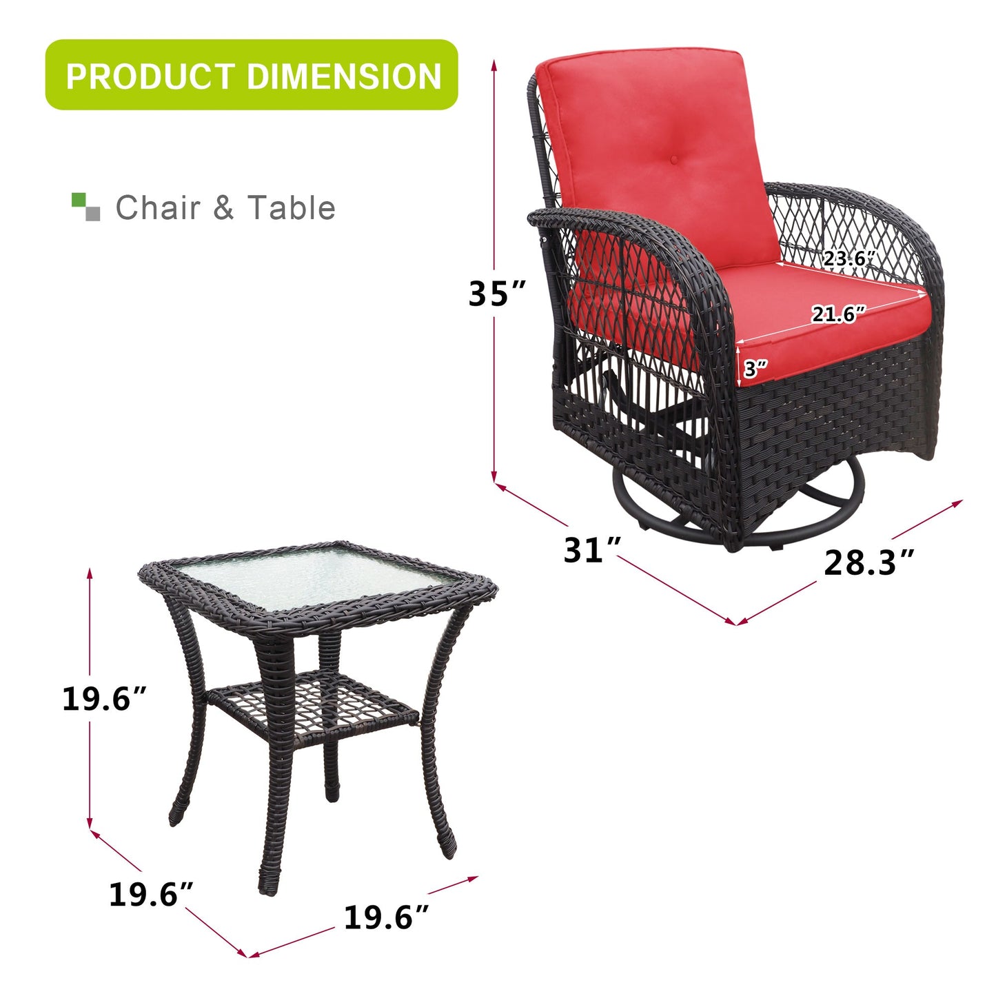 Set of Swivel Rattan Rocking Chairs for Outdoor Use with Table and Cushions