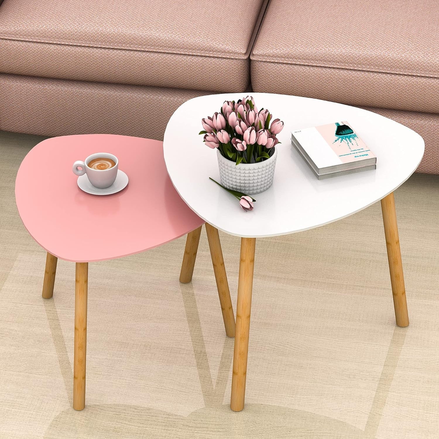 Blossom Nesting Tables – Modern Pink & White Triangle Coffee Table Set for Small Spaces