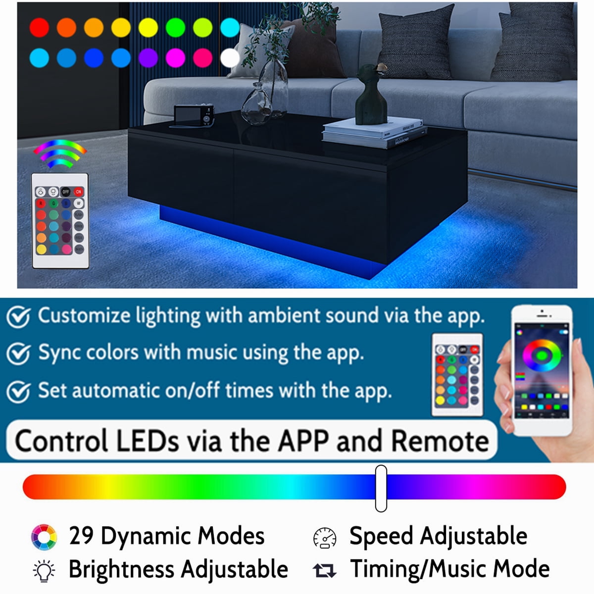 LumaGlide LED Coffee Table – Modern 4-Drawer Storage with Color-Changing Lights